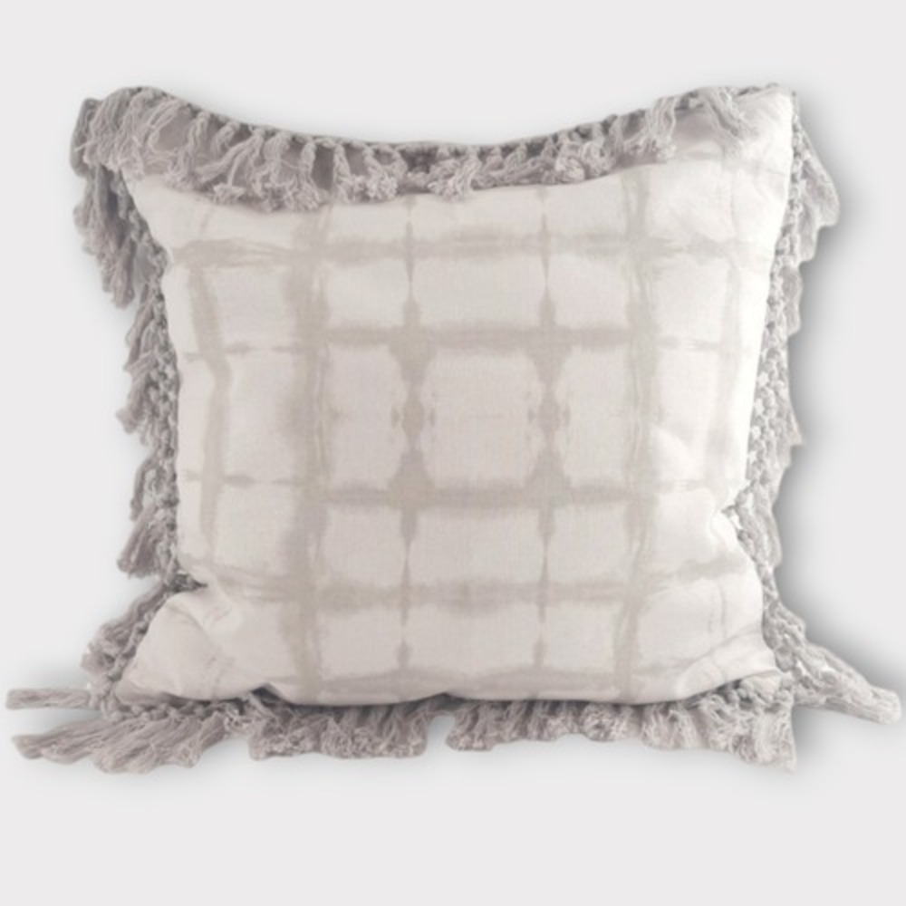 Thro Throw Pillow Home 20x20 Grey White Tie Dye Shibori Grid Tassel Fringe Boho